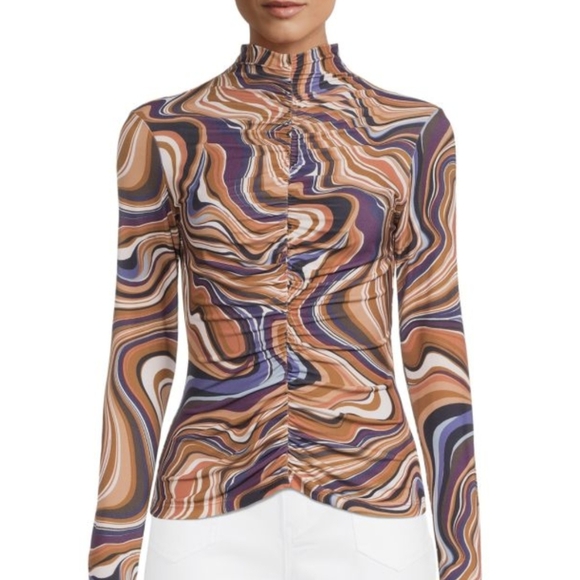 Bailey 44 Vanity Swirl Print Round Neck Mesh Overlay Ruched Center Multi L NWT - Picture 3 of 14